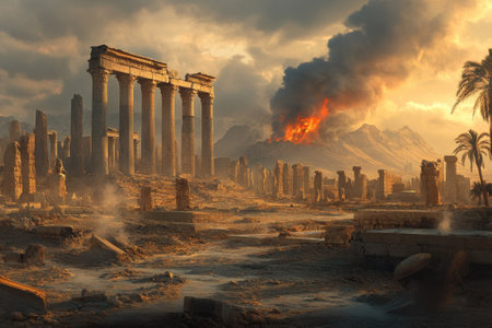 Ancient columns stand amidst ruins as a volcano erupts under a dramatic sunset sky.の写真素材