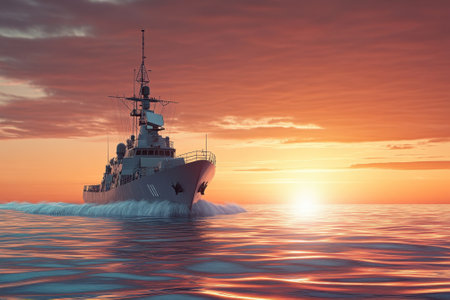 A warship navigates smoothly across tranquil waters during a stunning sunset, enhancing the horizon's beauty.の写真素材