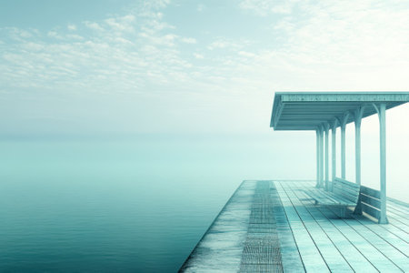 A serene pier extends into calm waters, surrounded by soft light and gentle clouds during early morning.の写真素材