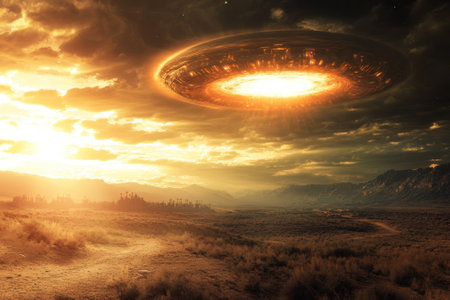A mysterious glowing disc floats in the sky above a rocky desert as the sun sets, illuminating the surroundings.の写真素材
