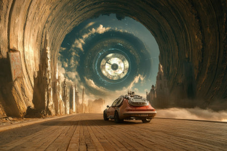A futuristic car navigates a deserted road under a massive sky portal, surrounded by ruins and clouds.の写真素材