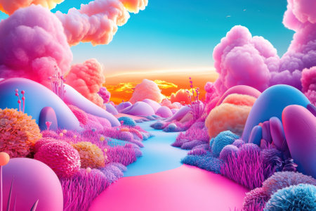 A stunning view of a surreal landscape with fluffy pink clouds, colorful hills, and a peaceful river at sunset.の写真素材