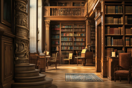 Soft light filters through tall windows illuminating wooden bookshelves filled with books and inviting chairs.の写真素材