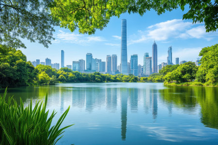 A peaceful view of a vibrant city skyline mirrored in a calm lake, framed by green trees and foliage.の写真素材