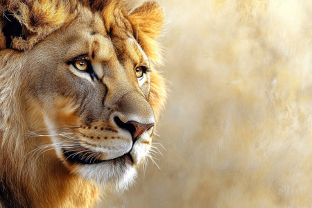 Detailed close-up of a lion showcasing its strong features against a soft background, highlighting its majesty.の写真素材