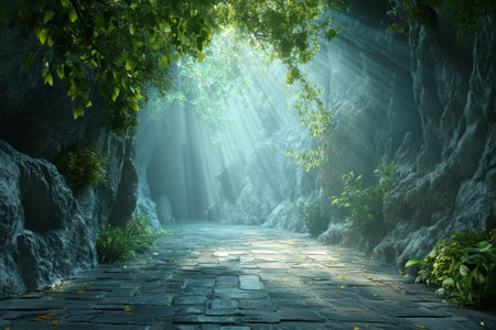 Soft rays of sunlight illuminate a tranquil forest path, with lush foliage and stone formations along the way.の写真素材