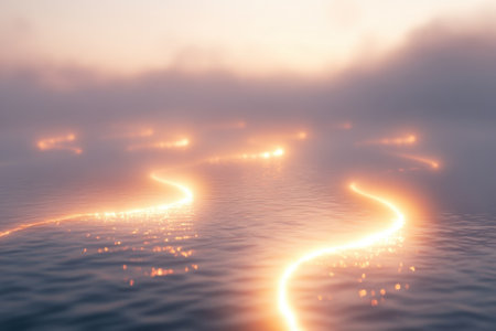 Glowing lines weave through calm waters, reflecting soft hues of sunset while surrounded by light mist.の写真素材