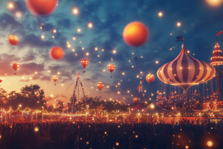Colorful balloons float above a bustling carnival filled with people enjoying rides and festivities at sunset.の写真素材