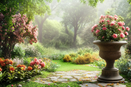 A peaceful garden pathway features vibrant flowers and a stone urn filled with pink roses surrounded by greenery.の写真素材