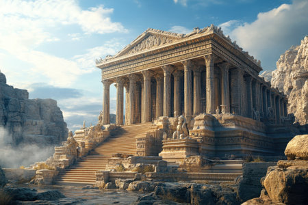 Majestic ancient temple rises above rocky terrain, with grand columns and intricate sculptures under a cloudy sky.の写真素材