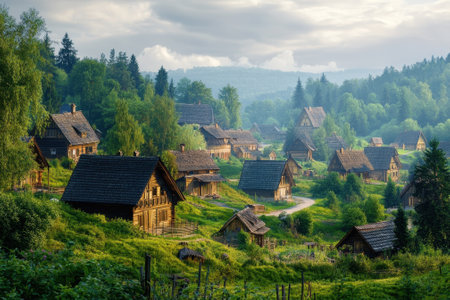 Charming wooden houses sit nestled in a serene landscape, illuminated by soft morning light and surrounded by trees.の写真素材