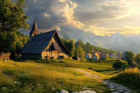 A rustic church stands next to a tranquil village, surrounded by lush greenery and majestic mountains at sunset.の素材