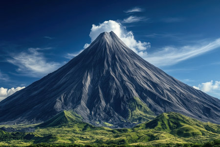 A grand volcano towers with a peak touching the clouds, surrounded by vibrant green hills on a sunny day.の写真素材