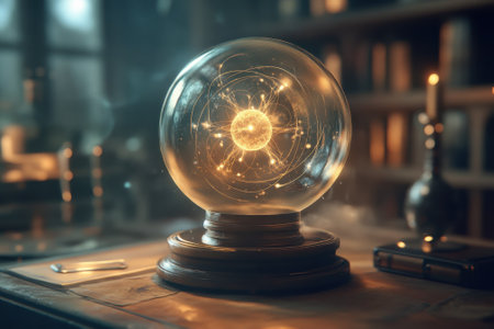 A crystal ball glows softly on a wooden table surrounded by shelves of ancient books and mystical items.の写真素材