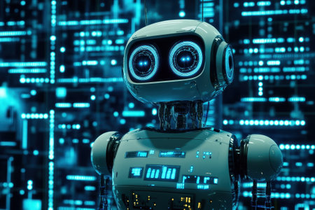 A small, friendly robot stands in front of a vibrant, high-tech digital backdrop filled with glowing circuitry.の写真素材
