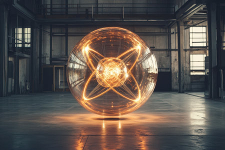 A glowing sphere casts vibrant patterns in an empty industrial warehouse, blending beauty and technology.の写真素材