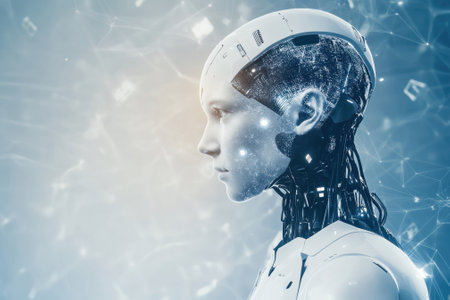 A humanoid robot stands still, displaying intricate wiring and luminescent features, representing future tech.の写真素材