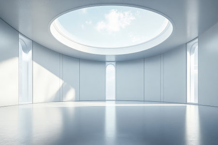 Bright, open interior space features a circular skylight, smooth walls, and gentle natural light illuminating the room.の写真素材