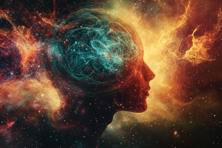 A vivid silhouette amidst swirling cosmic colors, merging human consciousness with the universe.の写真素材