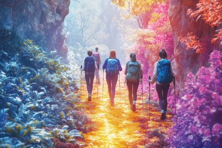 A group of five hikers venture down a colorful forest path surrounded by bright foliage and beams of sunlight.の写真素材
