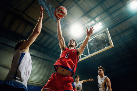 A young player jumps high to score, showingcasing athleticism and determination in a heated match.の素材