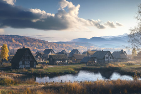 A peaceful village surrounded by autumn foliage, featuring traditional houses by a tranquil lake and distant mountains.の写真素材