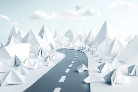 A winding road cuts through a landscape of white geometric mountains and angular shapes under a light sky.の写真素材