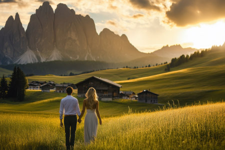 A couple enjoys a romantic stroll through vibrant fields as the sun sets behind majestic mountains.の写真素材