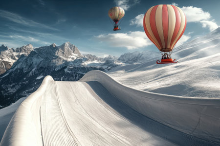 Colorful hot air balloons float high above white slopes and majestic mountains under a clear blue sky.の写真素材