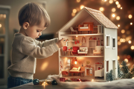 A young child is engaged in imaginative play, arranging furniture inside a dollhouse.の写真素材