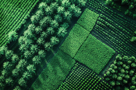 Aerial view reveals vibrant green fields with distinct patterns of crops and trees under clear skies.の写真素材