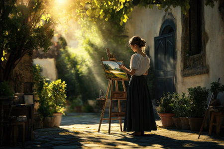A woman stands at an easel capturing a vibrant landscape in a peaceful courtyard bathed in sunlight.の写真素材