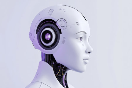 A detailed robotic head design highlights cutting-edge technology and sleek mechanical features.の写真素材