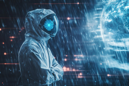 An astronaut in a high-tech suit stands in the rain, gazing at a glowing planet amid dynamic weather.の写真素材