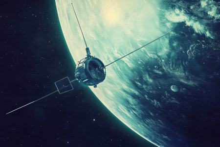 A spacecraft hovers in the vastness of space, with a planet nearby and a distant sun illuminating the scene.の写真素材