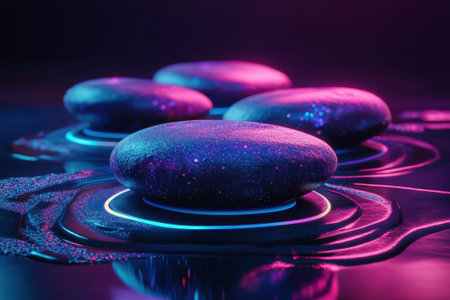 Four smooth stones rest on a shimmering surface, illuminated by colorful, ethereal lights reflecting at night.の写真素材