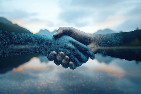 Two hands clasp in a digital handshake, symbolizing unity against a serene mountain and water backdrop.の写真素材