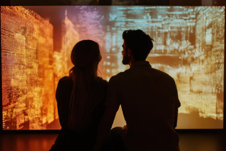A couple enjoys a captivating digital art display featuring vibrant colors and abstract visuals in an art gallery.の写真素材