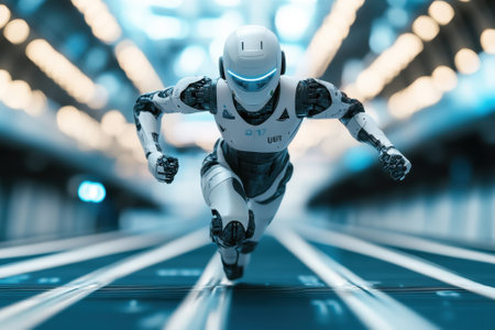 A sleek robot is sprinting down a corridor filled with blue glowing lights, showcasing advanced technology.の写真素材