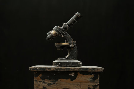 A classic microscope stands on a weathered wooden table, showing its intricate details against a dark backdrop.の写真素材