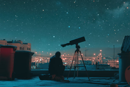 A person kneels near a telescope on a rooftop, gazing at the starry sky over a city filled with lights.の写真素材
