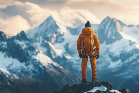 A lone hiker admires the breathtaking view of towering mountains at sunset, surrounded by natural beauty.の写真素材
