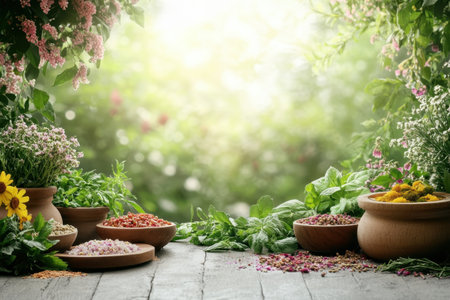 Brightly colored herbs and flowers fill pots, basking in warm sunlight within a vibrant garden.の写真素材