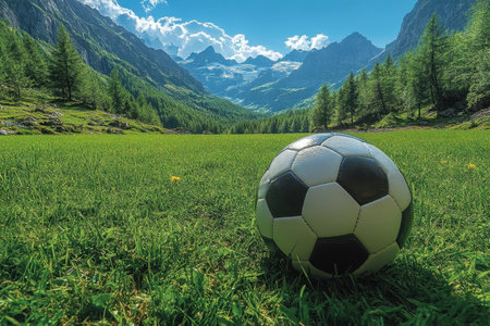 A soccer ball sits on vibrant grass surrounded by majestic mountains and a bright sky.の写真素材