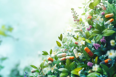 Capsules of various colors are nestled among lush green leaves and bright flowers in daylight.の写真素材