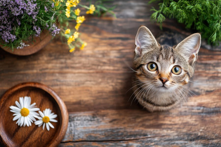 A playful tabby kitten sits on a rustic wooden table surrounded by vibrant flowers and daisies.の写真素材