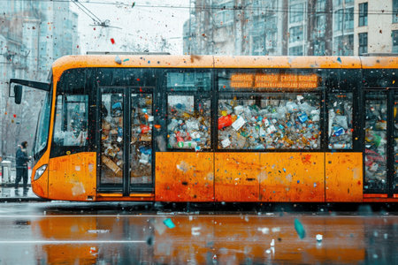 An orange tram rolls down a snowy city street, overflowing with various types of trash and debris.の写真素材