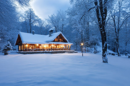 A cozy cabin sits surrounded by deep snow and tall trees as dusk approaches, its windows glow with warmth.の写真素材