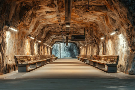 Visitors encounter a striking underground station featuring stone walls and wooden benches, enhancing the space.の写真素材