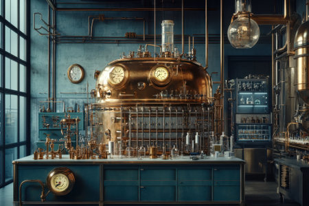 An elaborate copper apparatus stands in a spacious laboratory filled with glassware and tools.の写真素材